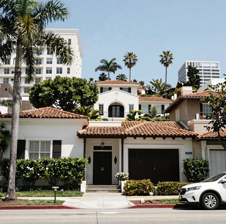 A quiet Bel Air street lined with elegant homes, featuring a tasteful belairre.com sales sign near the sidewalk.