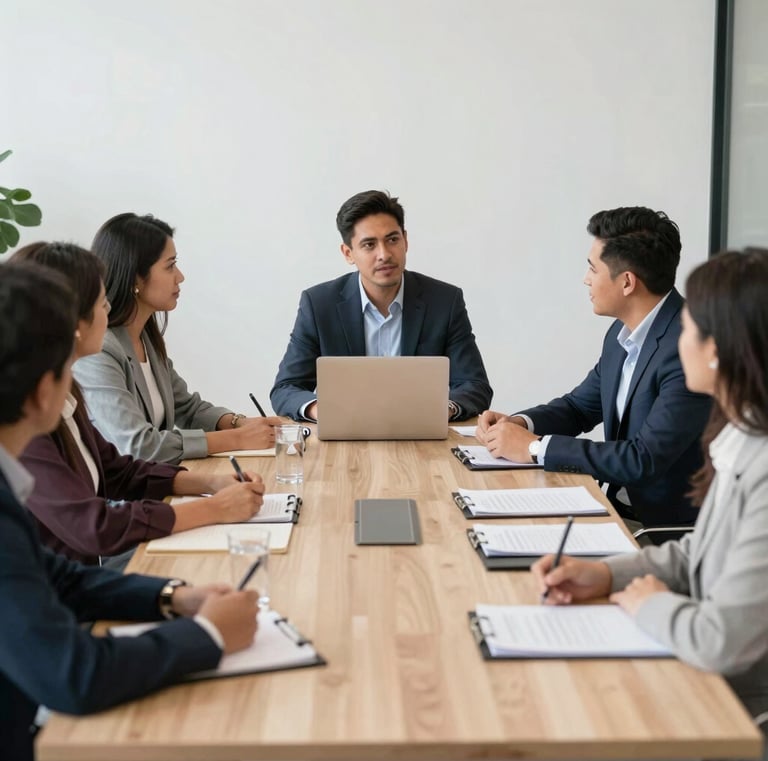 A team of engineers discussing procurement plans in a conference room.
