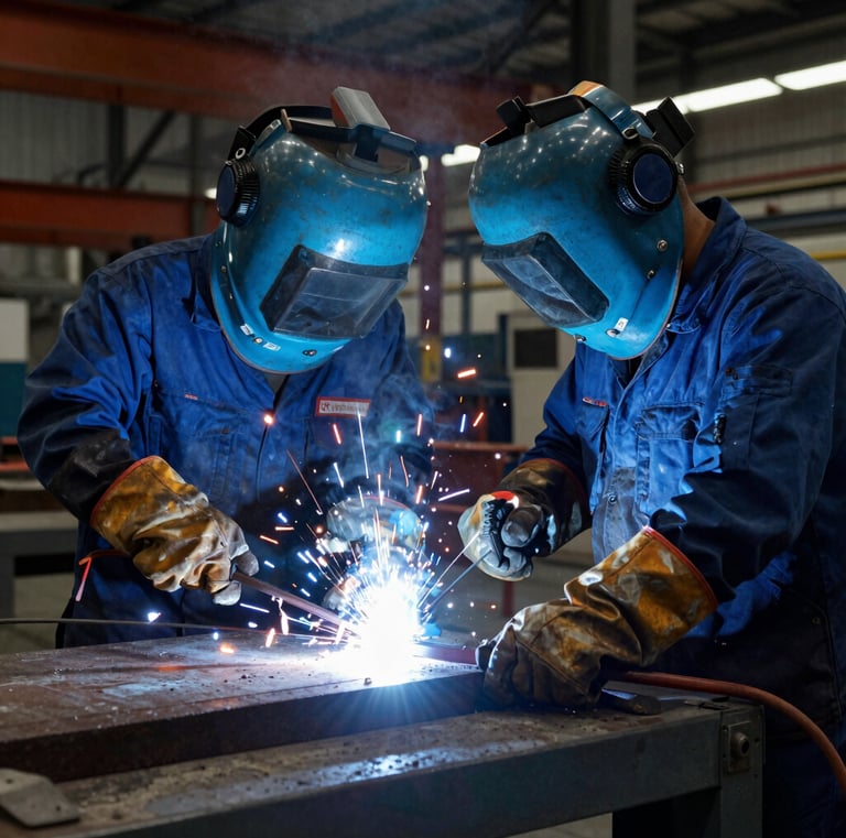 Close-up of engineering blueprints and tools spread out on a workbench.