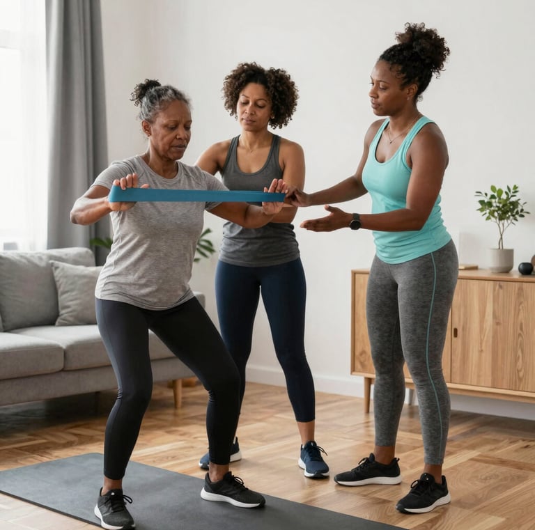 A personal trainer guiding a client through exercises using resistance bands at home.