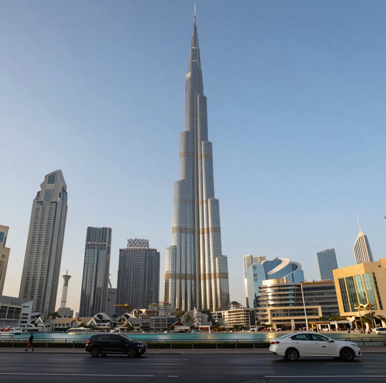The iconic Burj Khalifa skyscraper towering over the Dubai city skyline and waterfront.