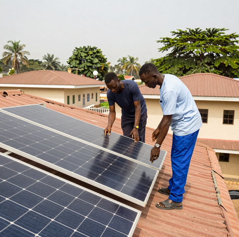 Technicians from Sei Solar Investment Ltd carefully installing solar panels on a commercial building.