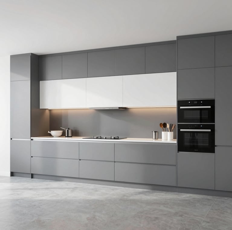 A sleek modern kitchen with pristine marble countertops and subtle warm lighting