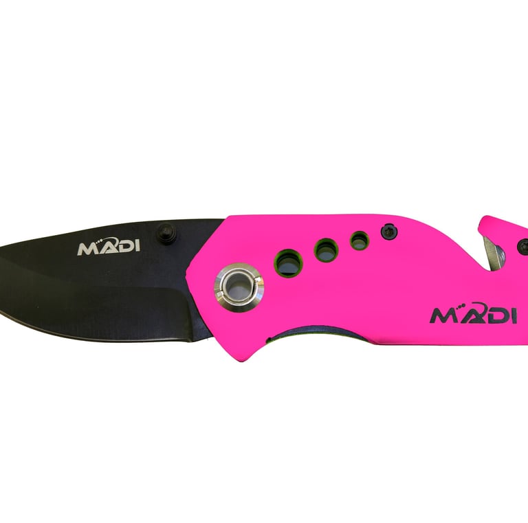 MADI pink folding pocket knife with black blade, seatbelt cutter, and glass breaker.
