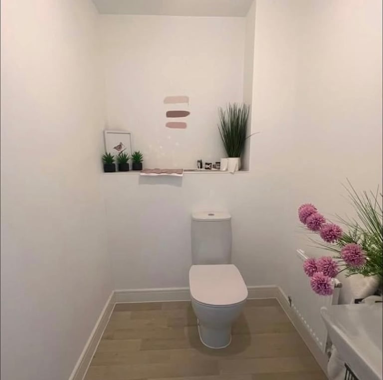Modern minimalist bathroom featuring a white toilet, light wood flooring, and artificial plants.