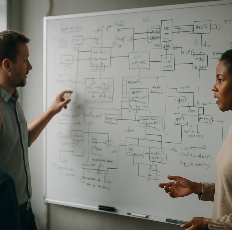 Wide environmental shot of a small engineering team gathered around a large whiteboard covered in system architecture diagrams and handwritten technical notes, natural window light from the left, shallow depth of field on the whiteboard details, team members slightly blurred in mid-discussion — no posed smiles, genuine working moment