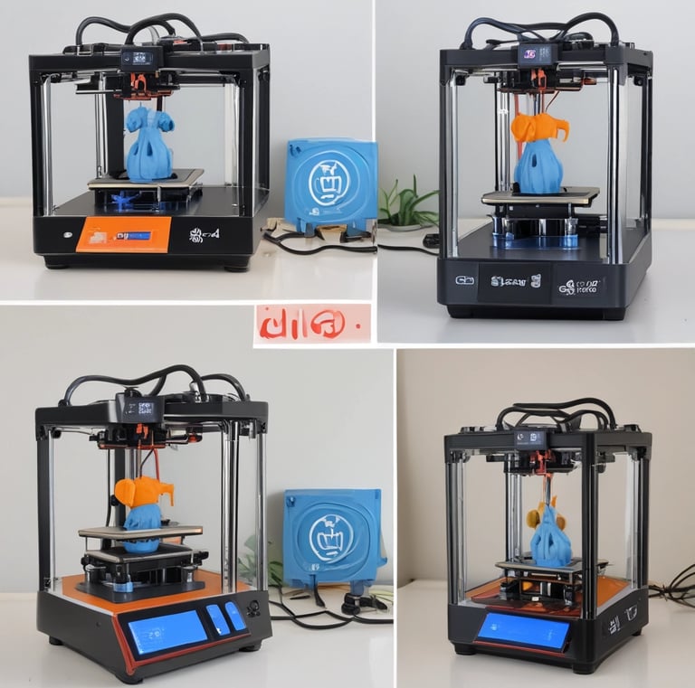 A 3D printer in action, with glowing filament feeding into a partially completed object.