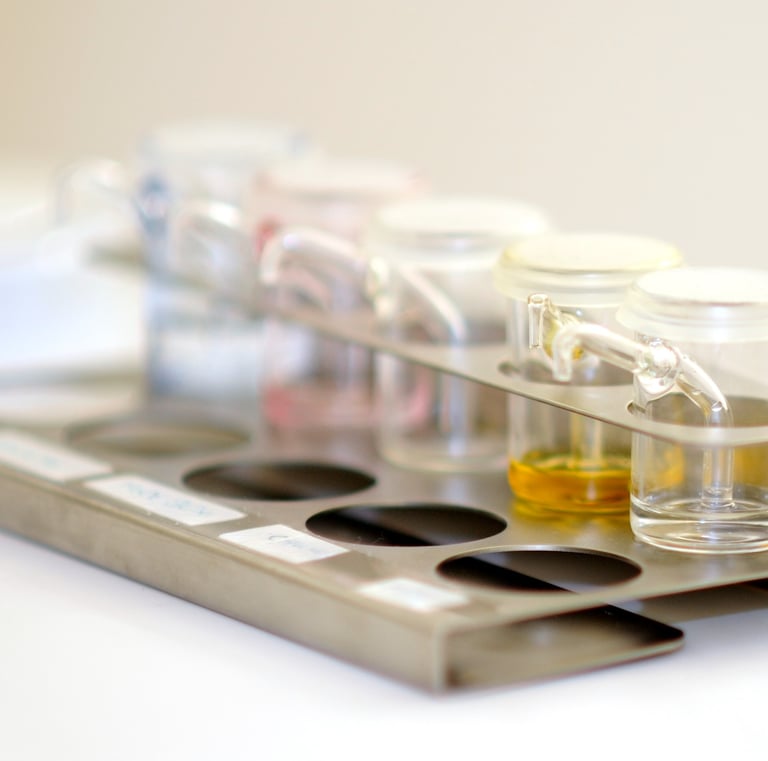 a tray with a variety of different colored liquids