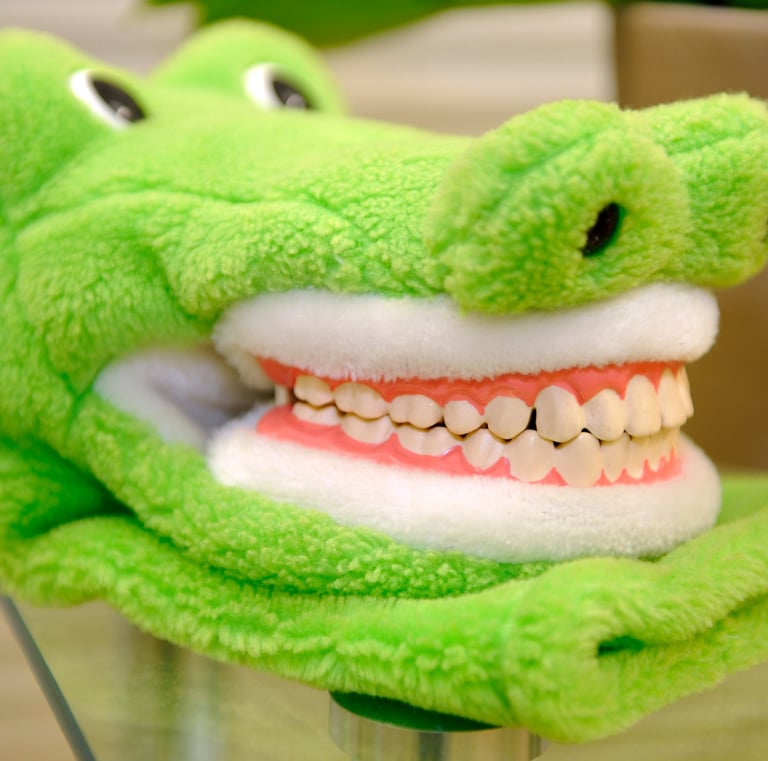 a green stuffed alligators head with teeth