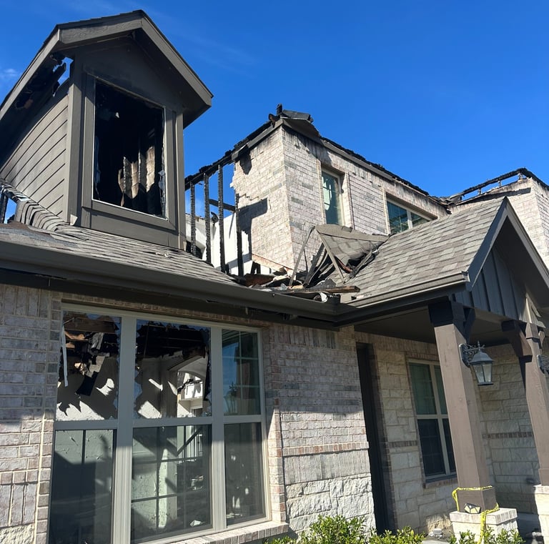 lightning strike fire damaged roof and gable Sunnyvale TX - Irvin Restoration fire damage rebuild