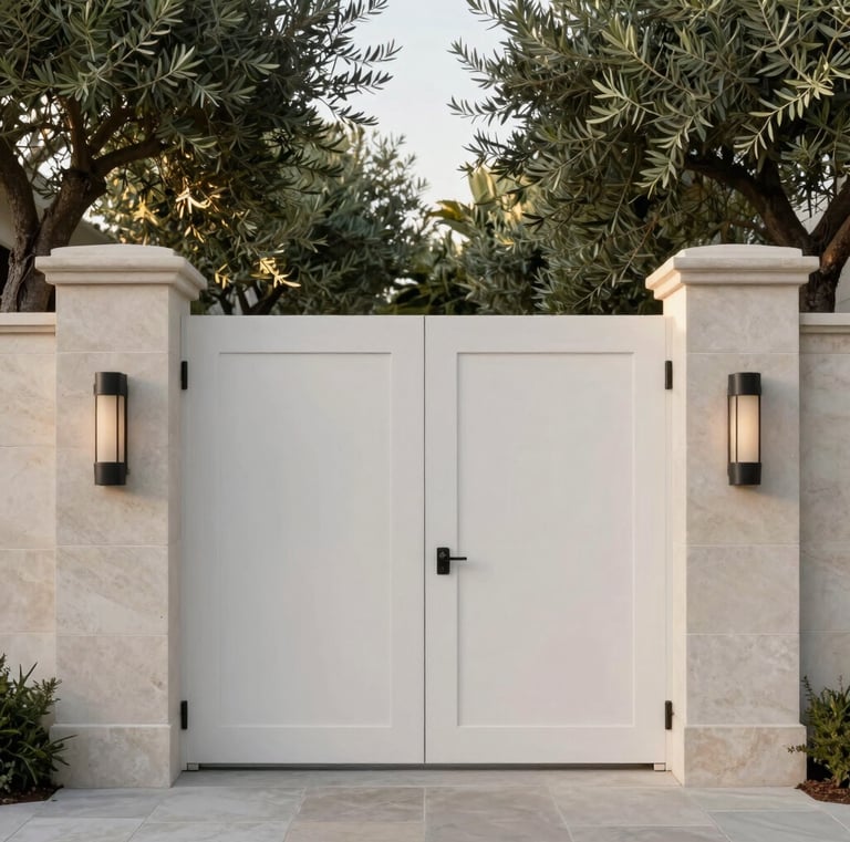 Extreme close-up of a secure, minimalist limestone estate entrance gate in Los Angeles, soft morning light filtering through mature olive trees, high-end architectural detail, negative space.