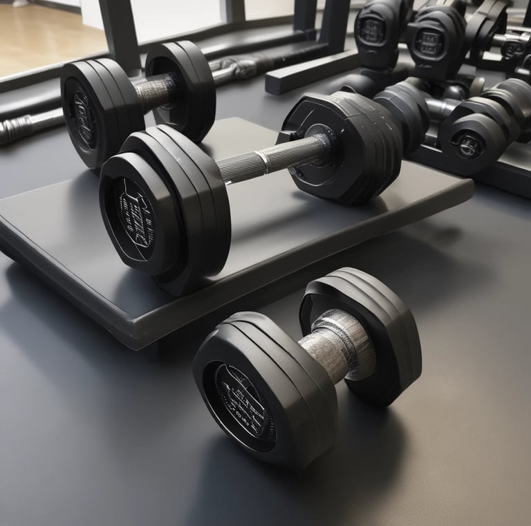 Close-up of a sleek dumbbell set with textured grips on a gym floor.