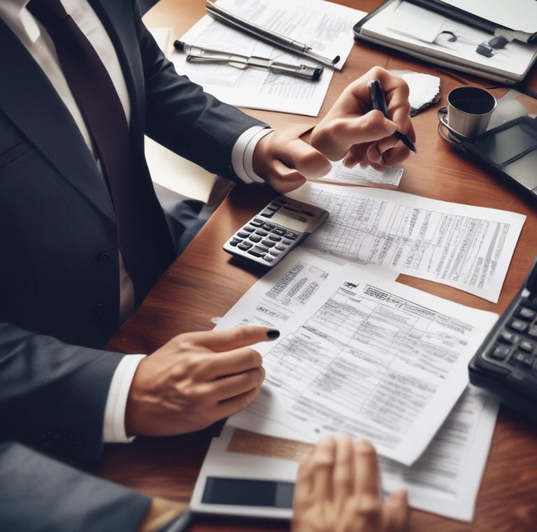 An accountant working on a laptop with financial documents.