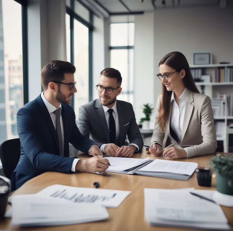 A modern office space showcasing a collaborative work environment.