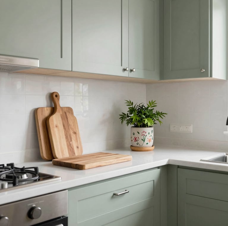 A rustic wooden table set with simple ceramic dishes and a vase of wildflowers.