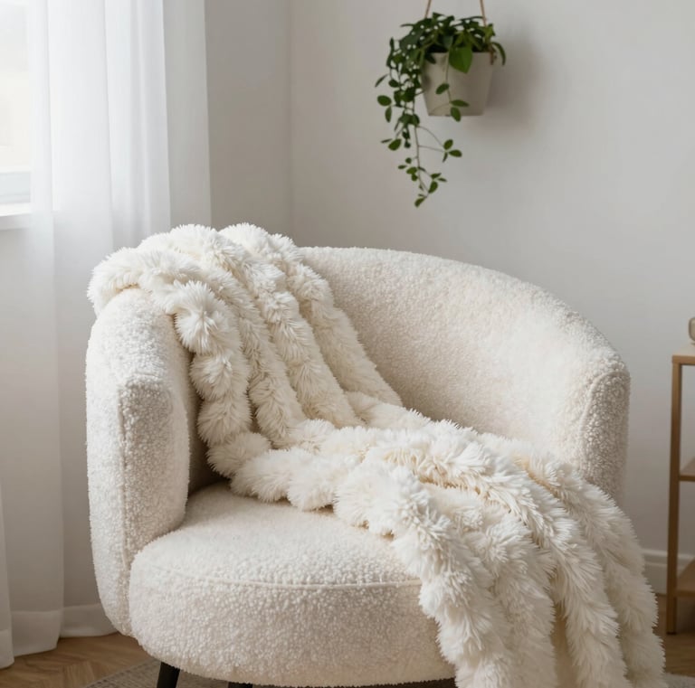 A small bedroom corner with vintage floral wallpaper, a rattan chair, and a cozy blanket.