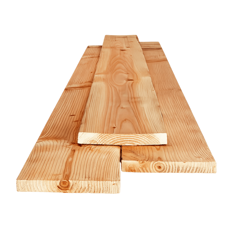 Stack of natural Douglas fir lumber planks with visible wood grain for construction projects.