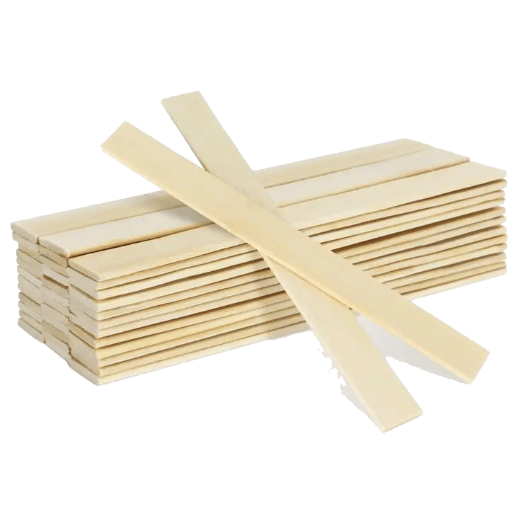 Stack of flat natural wooden craft sticks for DIY modeling and art projects.