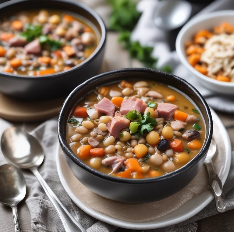 A bowl of soup with rich ingredients including a large mushroom, sliced vegetables, and fresh herbs. The bowl is ornately decorated with a traditional pattern and the background is a plain teal color, enhancing the focus on the dish.
