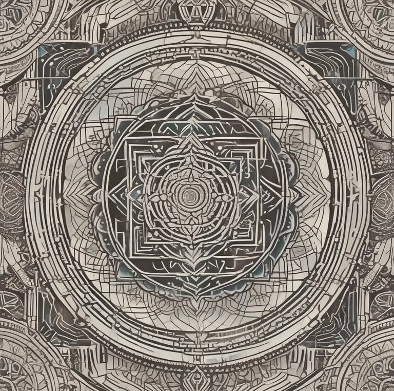 A person is adorned with numerous rudraksha beads and covered in ash, holding an orange cloth. The setting includes various religious artifacts, including a trident embellished with marigold garlands, and religious images or idols.