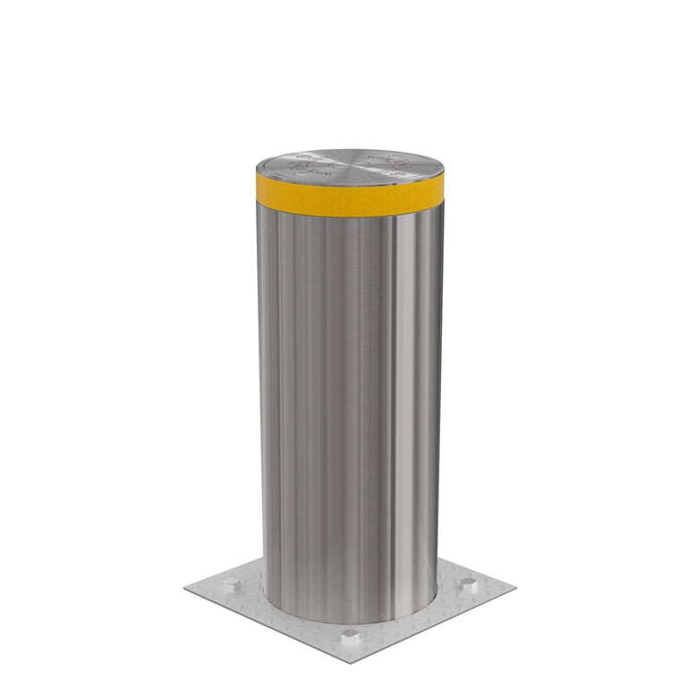 Automatic stainless steel rising bollard with a reflective yellow safety band for traffic control.