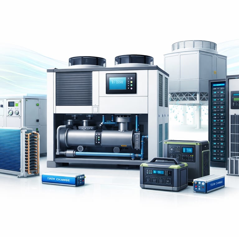 Industrial HVAC equipment including a water-cooled chiller, cooling tower, and portable power stations.