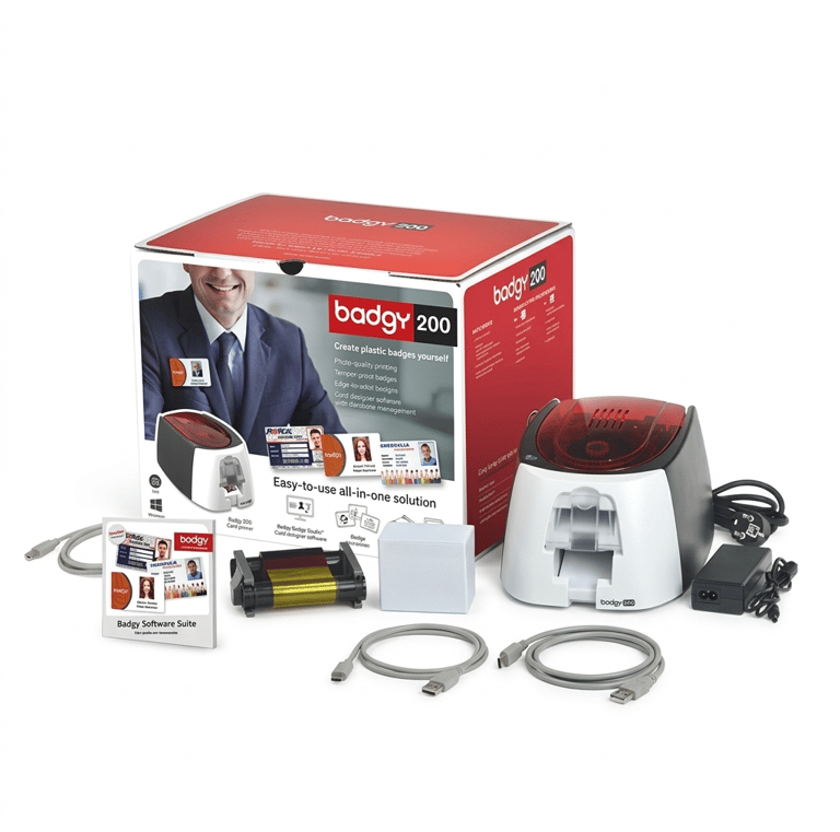 Badgy200 all-in-one plastic ID card printer kit with color ribbons, software, and blank cards.
