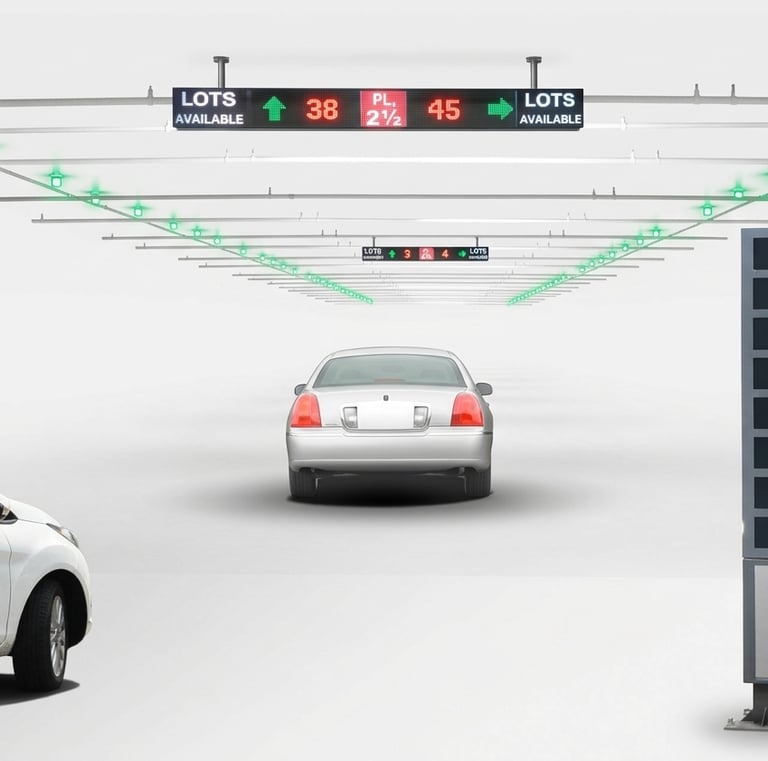 Smart parking guidance system showing available lots with green LED indicators and digital display boards.