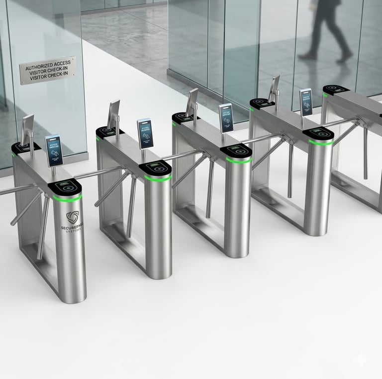 Automatic tripod turnstiles with digital displays in a modern office visitor check-in area.