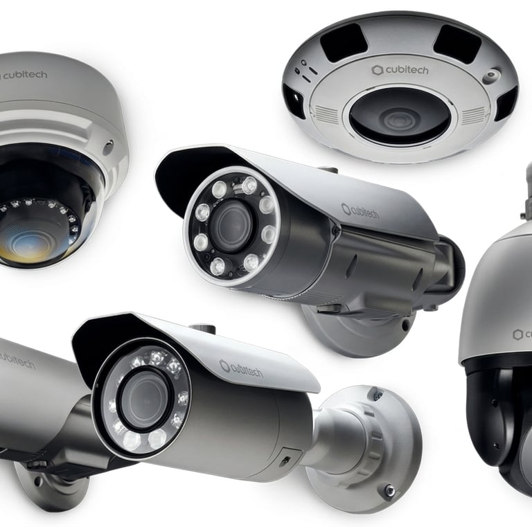 Collection of security cameras including bullet, dome, and PTZ models for commercial surveillance.