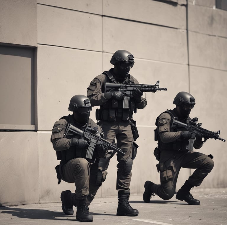 Two individuals dressed in tactical gear are positioned in a dense, foliage-rich environment. One person is aiming a rifle while the other appears to be communicating or signaling behind them. Both wear dark clothing and have Indonesian flags on their uniforms.