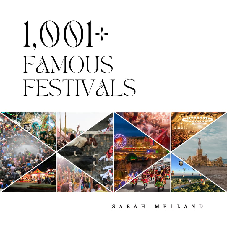 Photo collage of global cultural events for a book titled 1,001 Famous Festivals by Sarah Melland.
