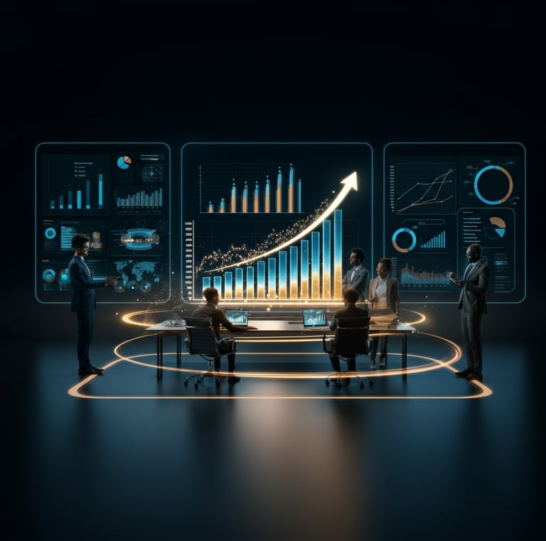 Professionals at Verve Phoenix collaborating in a high-tech office with holographic screens showcasing sales growth