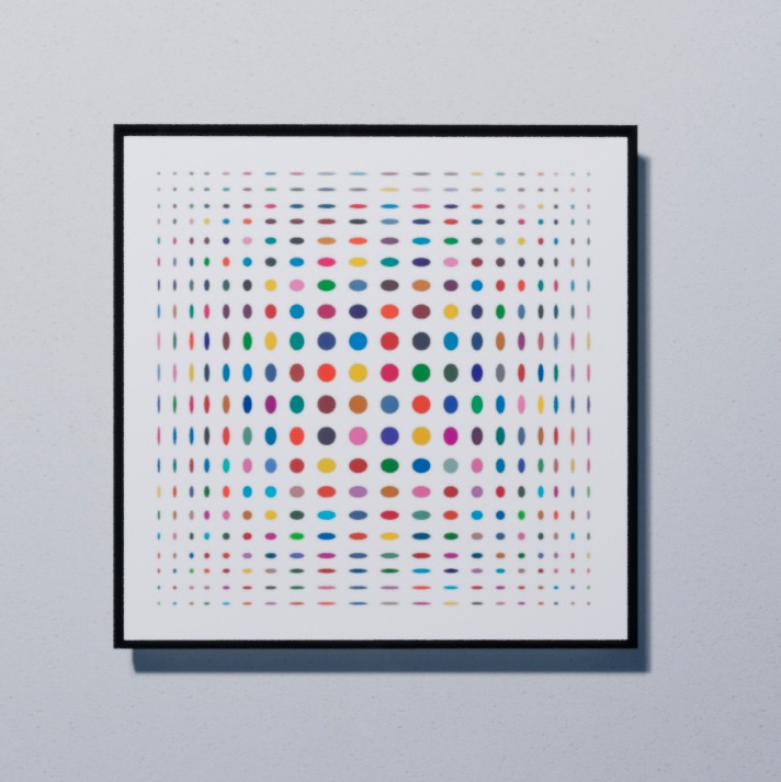 "Cuadrícula de Círculos en Colores, pintura abstrata contemporânea com padrão geométrico colorido"