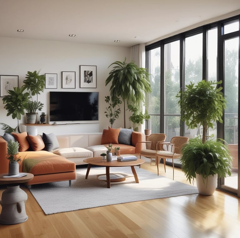 A serene living room with warm lighting and personal touches.