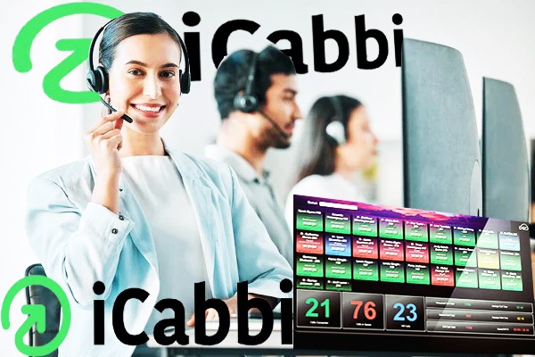 Dispatcher handling calls using iCabbi software for UK taxi services.