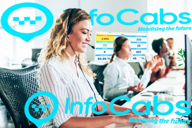 Taxi service agent using InfoCab dispatch software to manage live bookings and drivers.