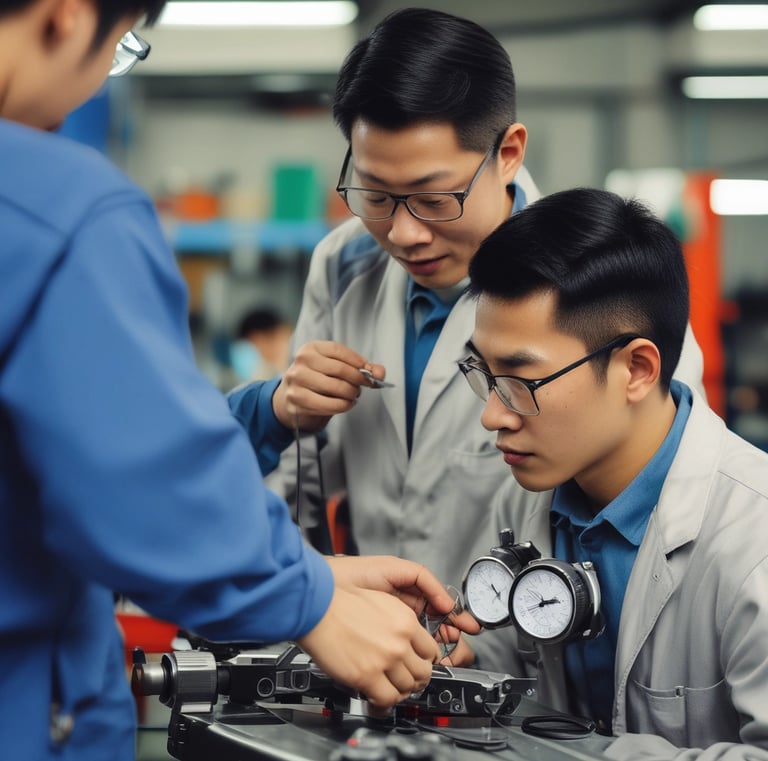 A laboratory setting with a long counter space equipped with various scientific instruments and equipment. There are multiple large windows offering a clear view of the rooftops and buildings outside. On the counter, there is a lit Bunsen burner, a lab water bottle, and a bottle of hand sanitizer among other lab apparatus.