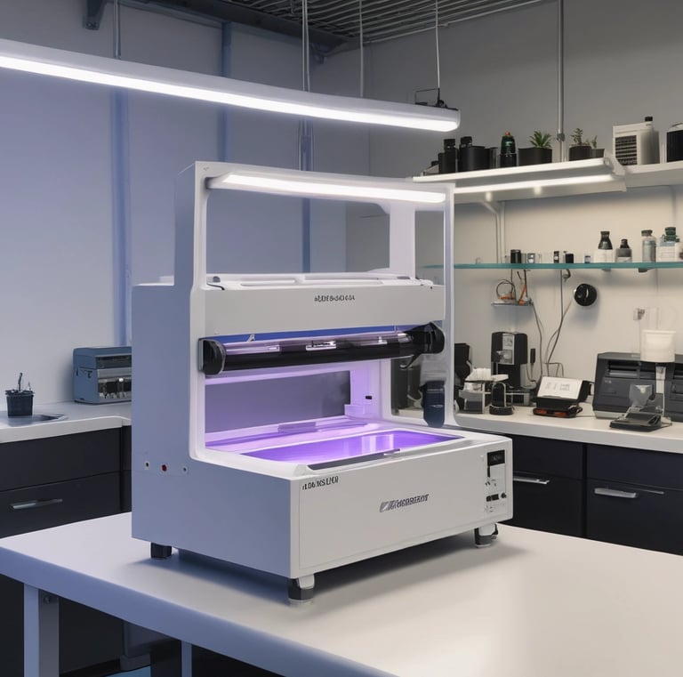 A laboratory setting features a line of glasses partially filled with a golden liquid, placed on a shiny black countertop. In the foreground, there is a cardboard box with 'KARBACH BREWING CO' written on it. To the side, a person is writing on a piece of paper with a pen, surrounded by various equipment and machinery.