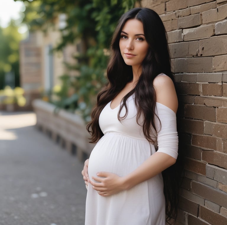 A pregnant woman is sitting outdoors, holding a small pair of baby shoes in one hand and her belly with the other. She is wearing a white lace crop top and a long skirt, accessorized with colorful beaded bracelets and a necklace. The background features lush greenery and a calm pond, creating a serene and natural setting.