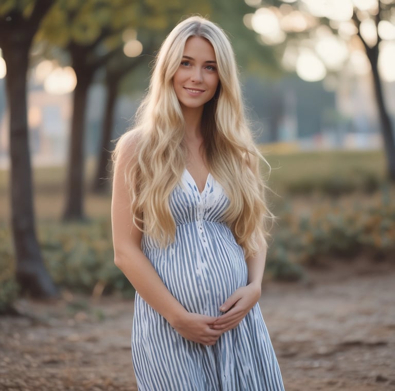 A close-up of a pregnant woman's belly with her hands gently cradling it. She is wearing a black top and a flowing skirt. The background appears soft and light, possibly sheer curtains diffusing sunlight.