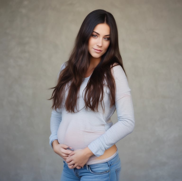 A pregnant woman gently cradles her belly with one hand while wearing black lace lingerie and a matching robe. The focus is on her midsection, and her face is partially visible, conveying a serene and introspective mood.