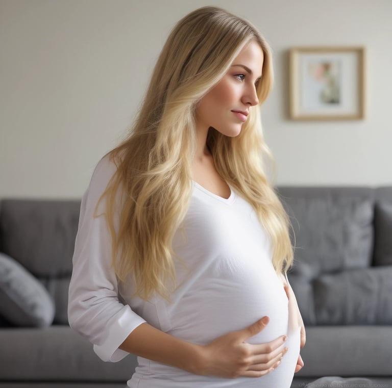 A pregnant woman is sitting on a small ladder, holding her belly with both hands. She is smiling and wearing a white top and a light green skirt. The background consists of a plain, textured gray wall. The lighting casts a soft shadow behind her, creating an intimate and warm atmosphere.