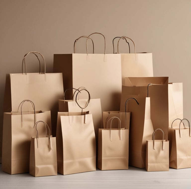 Sacs en papier kraft de différentes tailles, alignés sur une surface neutre en bois clair, éclairage