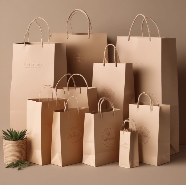 A variety of sizes of kraft paper bags on a table.