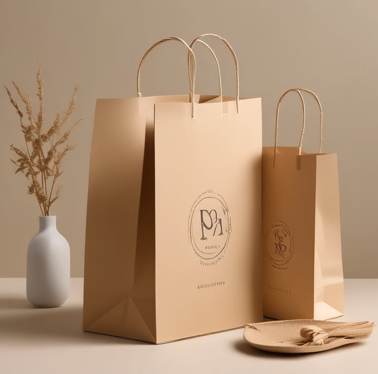 Kraft paper bags with unique designs and branding.