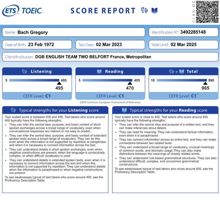 toeic 965 certification