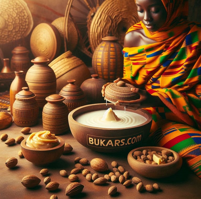 a woman in a colorful kente dress is holding a bowl of bukars shea butter