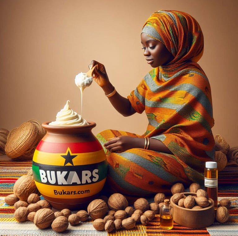 a woman in a colorful kente dress adding bukars shea butter to the calabash and a jar of butter