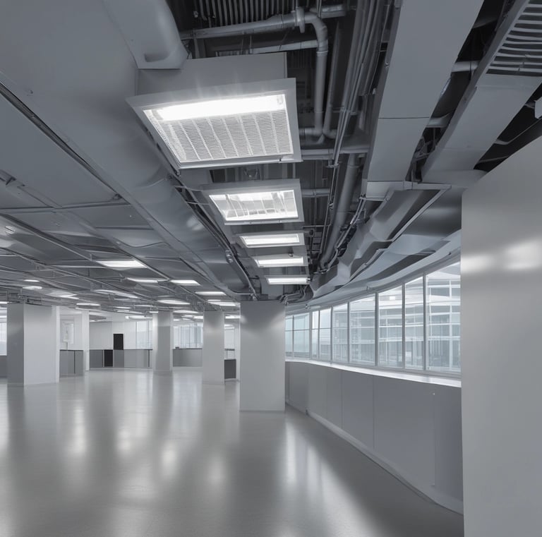 A modern interior with a sleek, glossy cabinet and a display of colorful samples on the wall. The setting is well-lit with natural light coming through a large window, and the decor is minimalistic and polished.